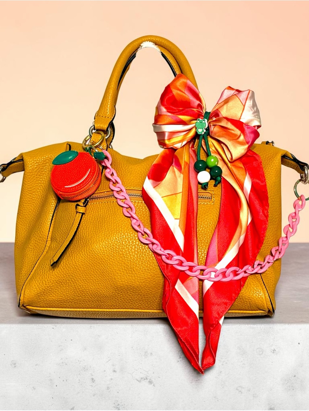 Mustard Yellow Women's Satchel with Decorative Scarf and Charm